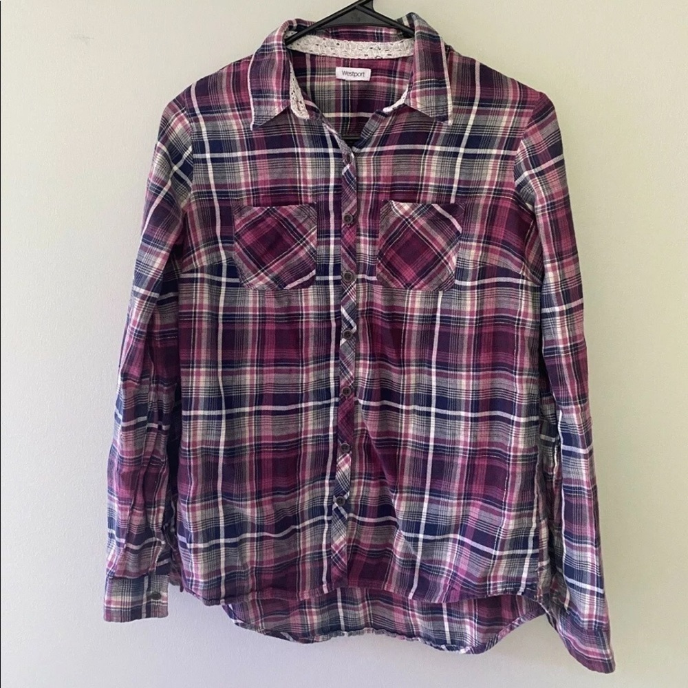 Westport Pink Blue Plaid Long Sleeve Button Up Shirt Gold Sparkle Women’s XS